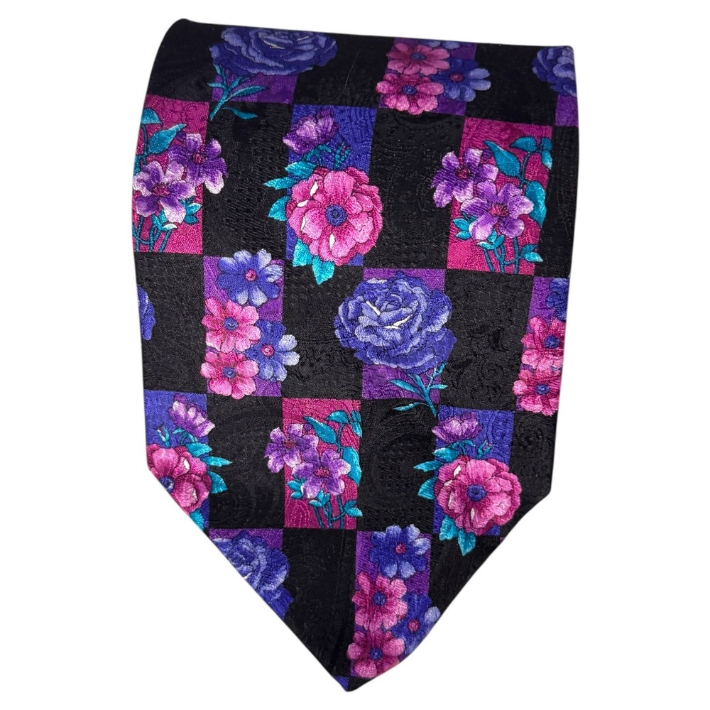 Sazzari Floral‎ Necktie Roses Checkered Purple Pink Black Patterned Mens Tie